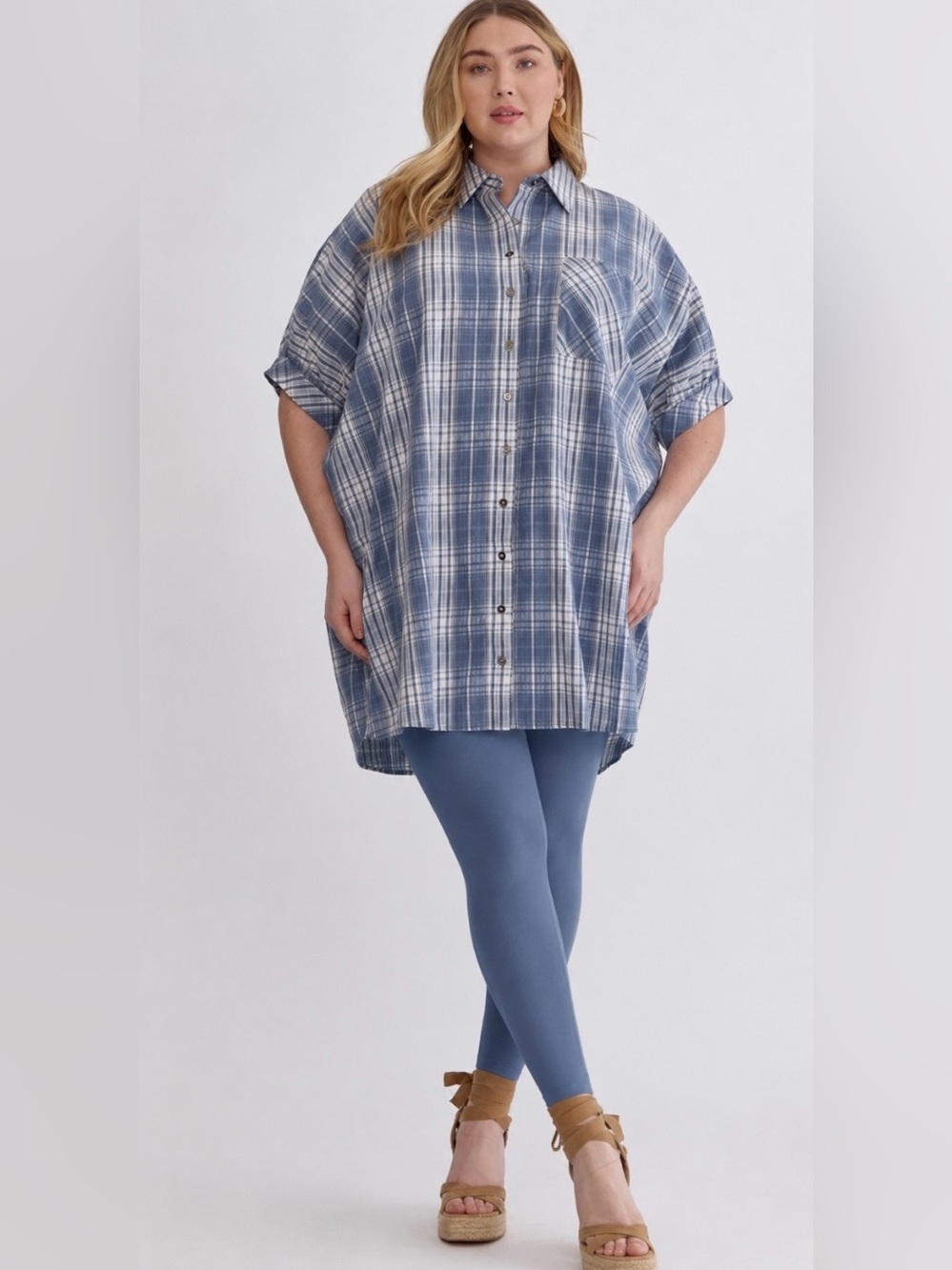 New!Entro Boutique Plaid collared button half sleeve mini dress Size 1X